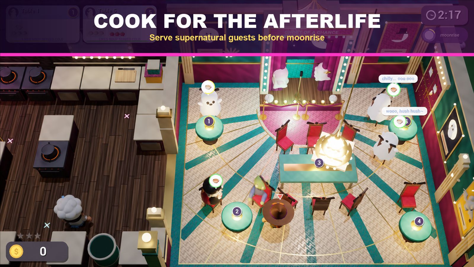 The haunted diner's dining room with ghost guests waiting at tables
